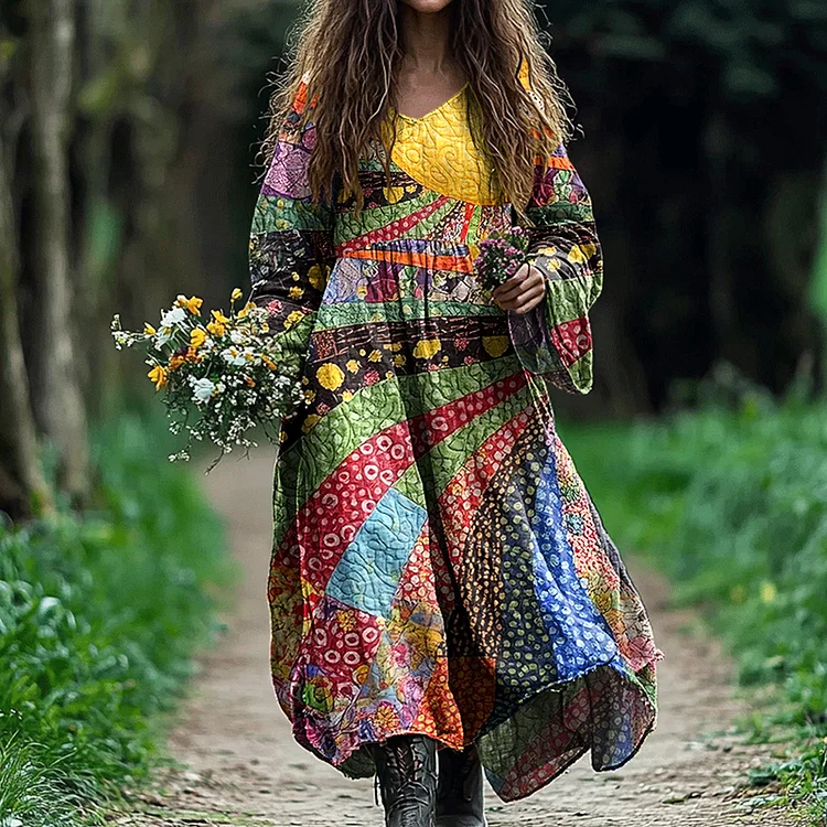 Vintage Colorful Warm Hippie Sun Art Linen Blend Maxi Dress