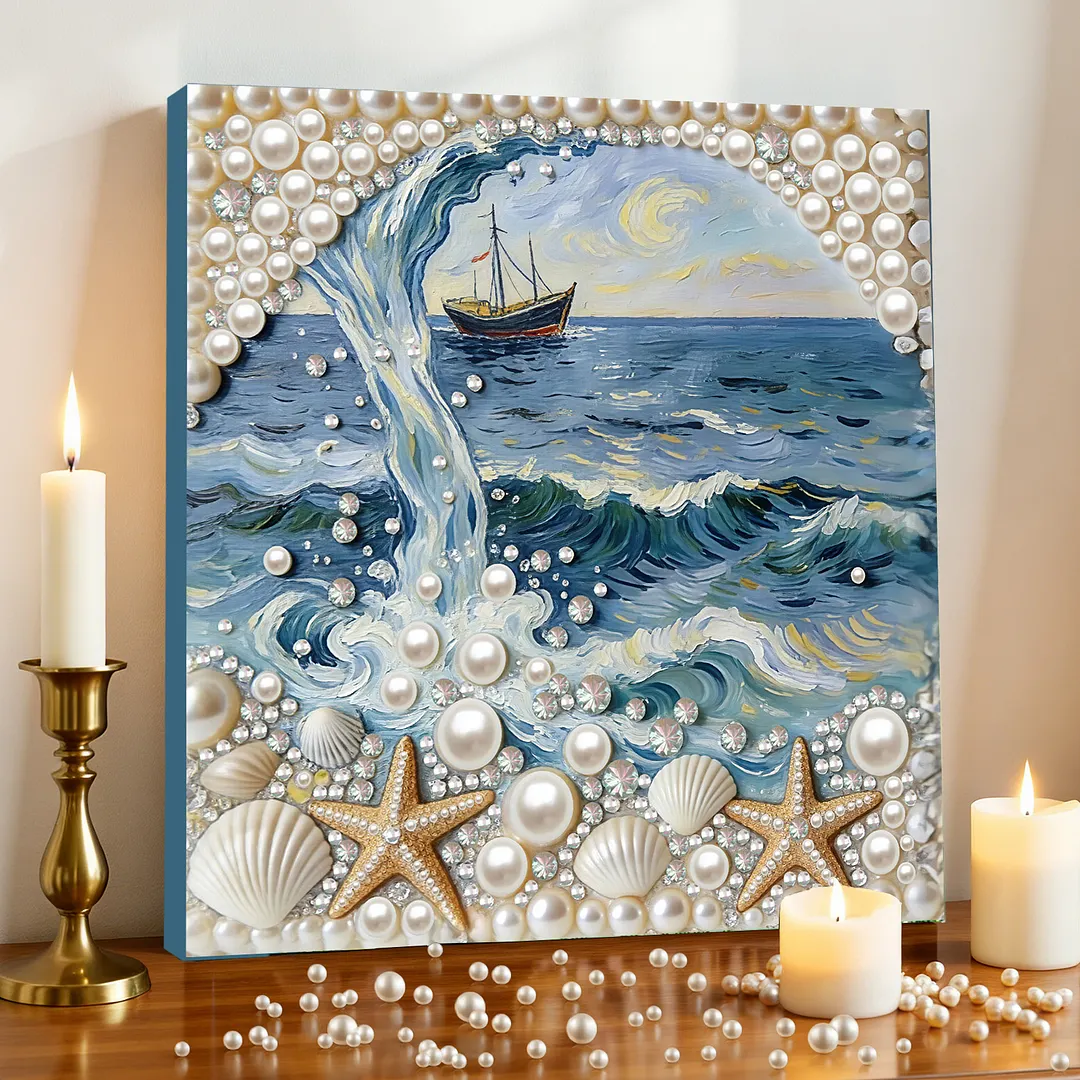 DIY Beach Seashell Starfish Pearl Painting Kit for Adults Beginners Gift Idea Home Wall Decor Pearl Gem Paintings Picture Arts Craft 30x30cm with Frame