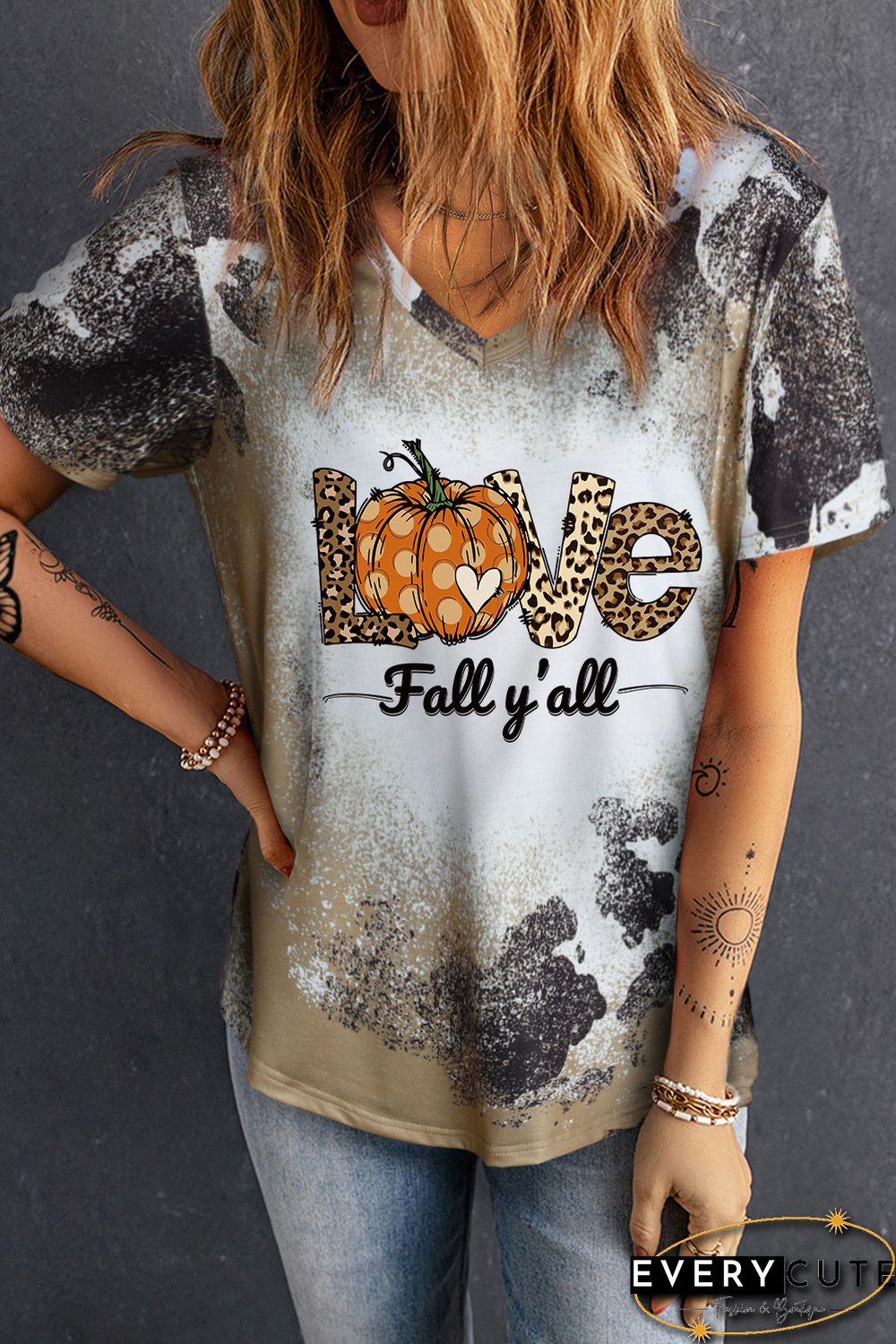 Brown Love Leopard Pumpkin Bleached Print V Neck Graphic Tee