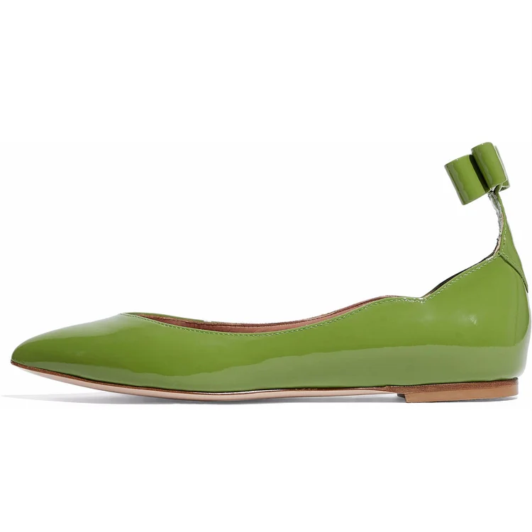 Green Patent Leather Pointy Toe Bow Comfortable Flats |FSJ Shoes