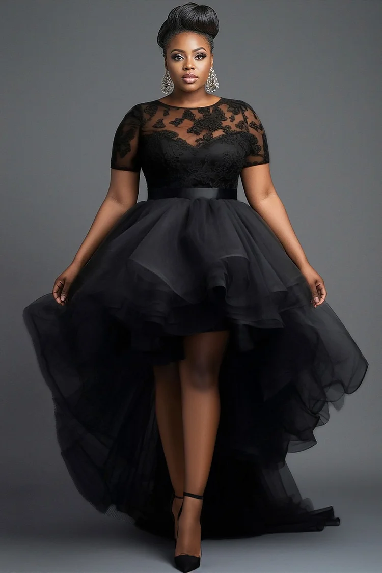 Xpluswear Design Plus Size Party Black Round Neck Short Sleeve High Low Hem Elegant See Through Tulle Lace Maxi Dresses [Pre-Order] 2024 - Xpluswear