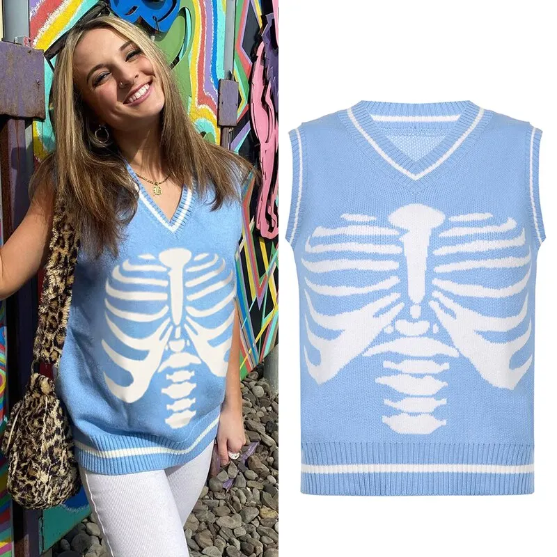 HEYounGIRL Skull Print V Neck  Oversized Sweater Harajuku Casual Loose Knitted Top Pullovers Korean Punk Ladies Jumper Winter