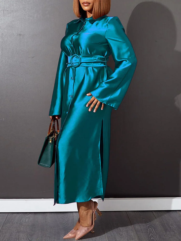 Solid Side Splited Belt Long Sleeve Dress For Women QueenFunky