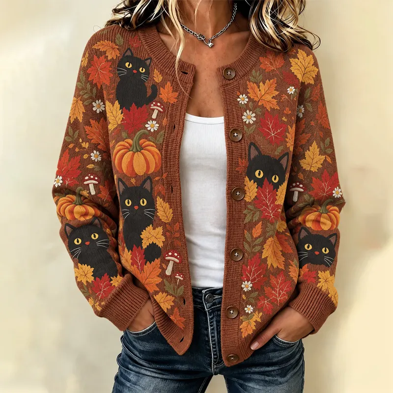 Comstylish Women's Fall Halloween Pumpkin Cat And Maple Leaf Pattern Sweater Cardigan