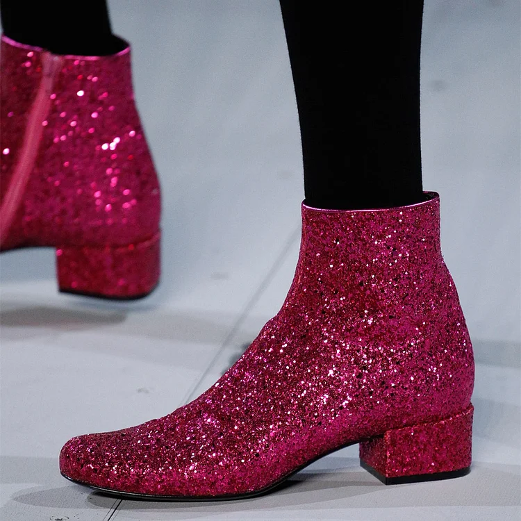 Pink Glitter Fashion Boots Round Toe Chunky Heels Ankle Boots |FSJ Shoes