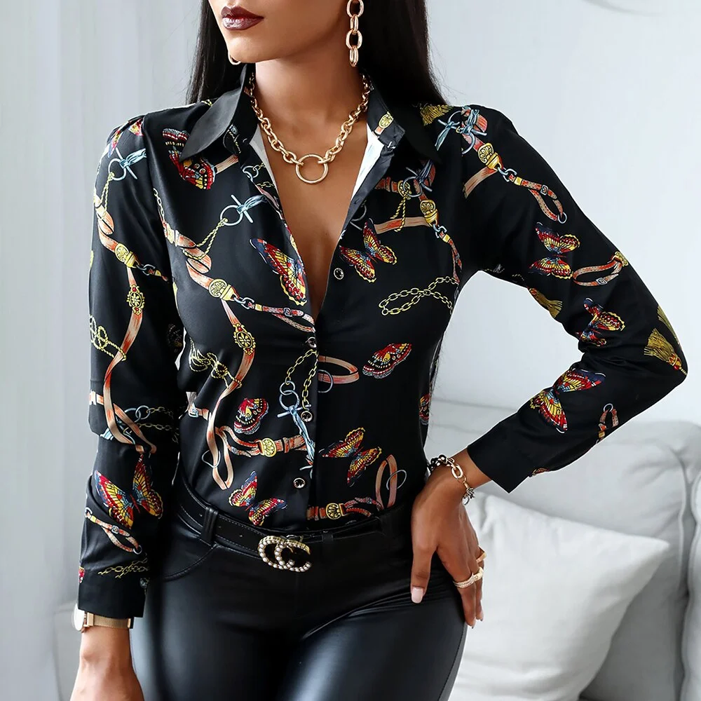Women Turn-Down Collar Blouse Spring Autumn Long Sleeve Butterfly Print Tops Button Elegant Slim Fit Ladies Female Sexy Shirts