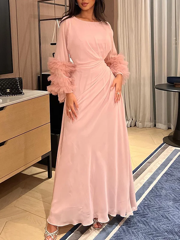 Solid Color Pleated Tied Waist Flared Sleeves Long Sleeves Maxi Dresses