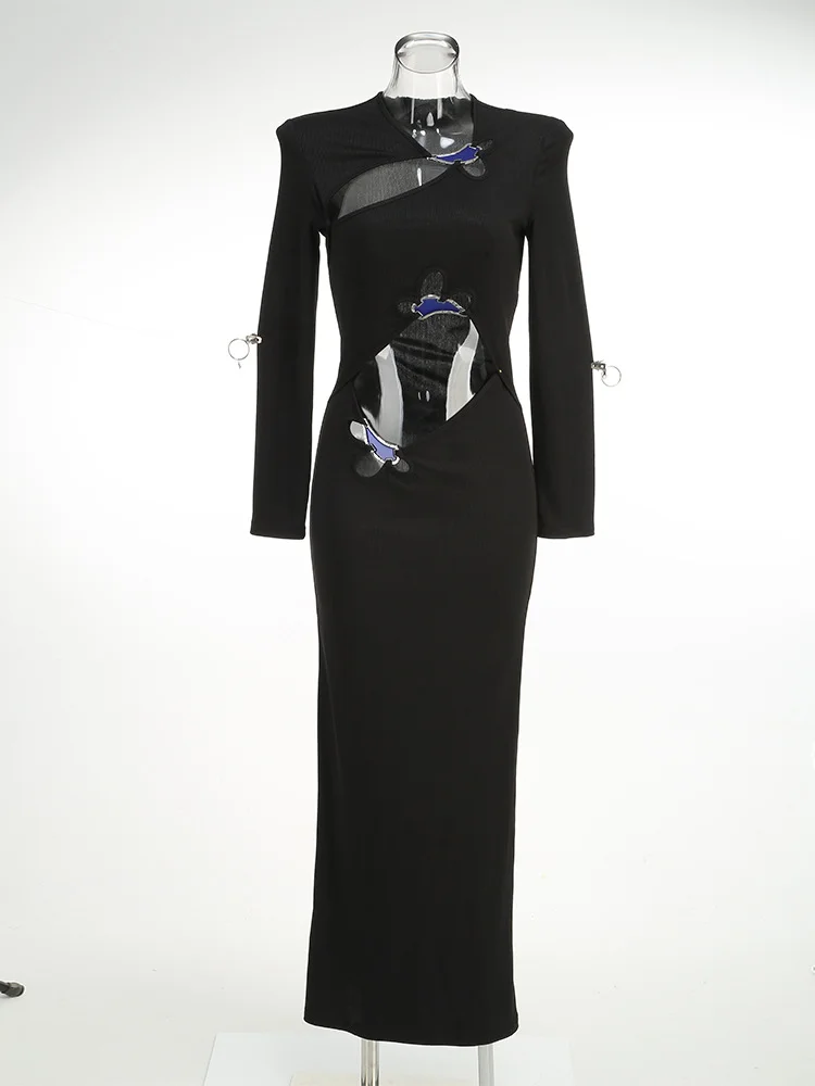 Brownm New Women's Sexy Hollow Long-Sleeved Black Dress Metal Decorated Open Forked Ass And Hip Dress
