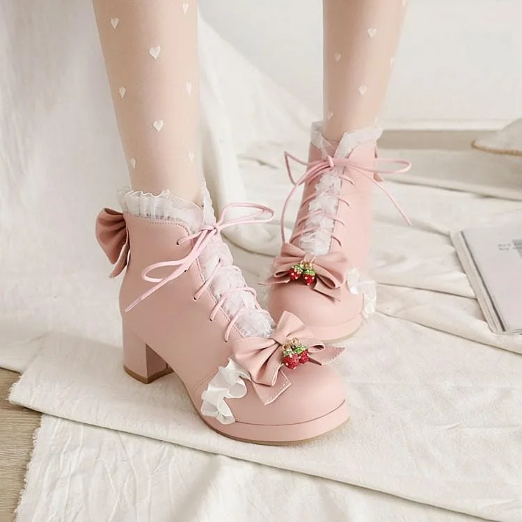 Strawberry Sweetheart Lolita Bows Lace-up Martin Boots SP15256