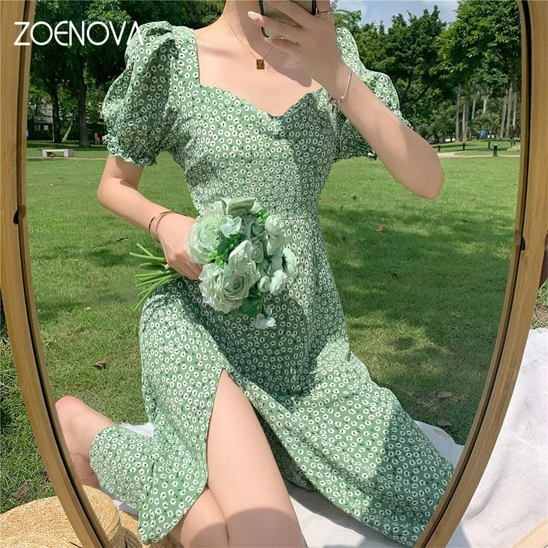 ZOENOVA 2022 Summer Women’s Dresses Floral A-Line Dress Sweet Elegant Femme V-neck Short Dress for Lady Chic Flowers Mini Dress