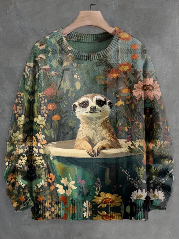 Men's Meerkat Natural Flowers Oil Painting Print Knit Sweatshirt