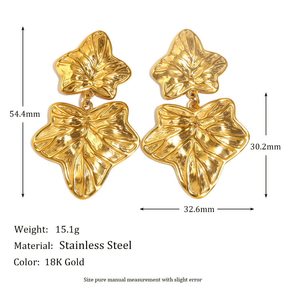 Ins Personality Retro Earrings Stainless Steel 18K Gold Plated Vintage Maple Leaf Texture Pendant Earrings Female