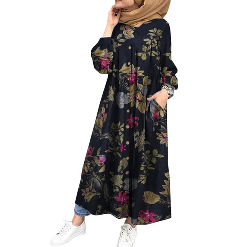 Cotton and linen printed dress, Muslim robe, dress, large swing dress