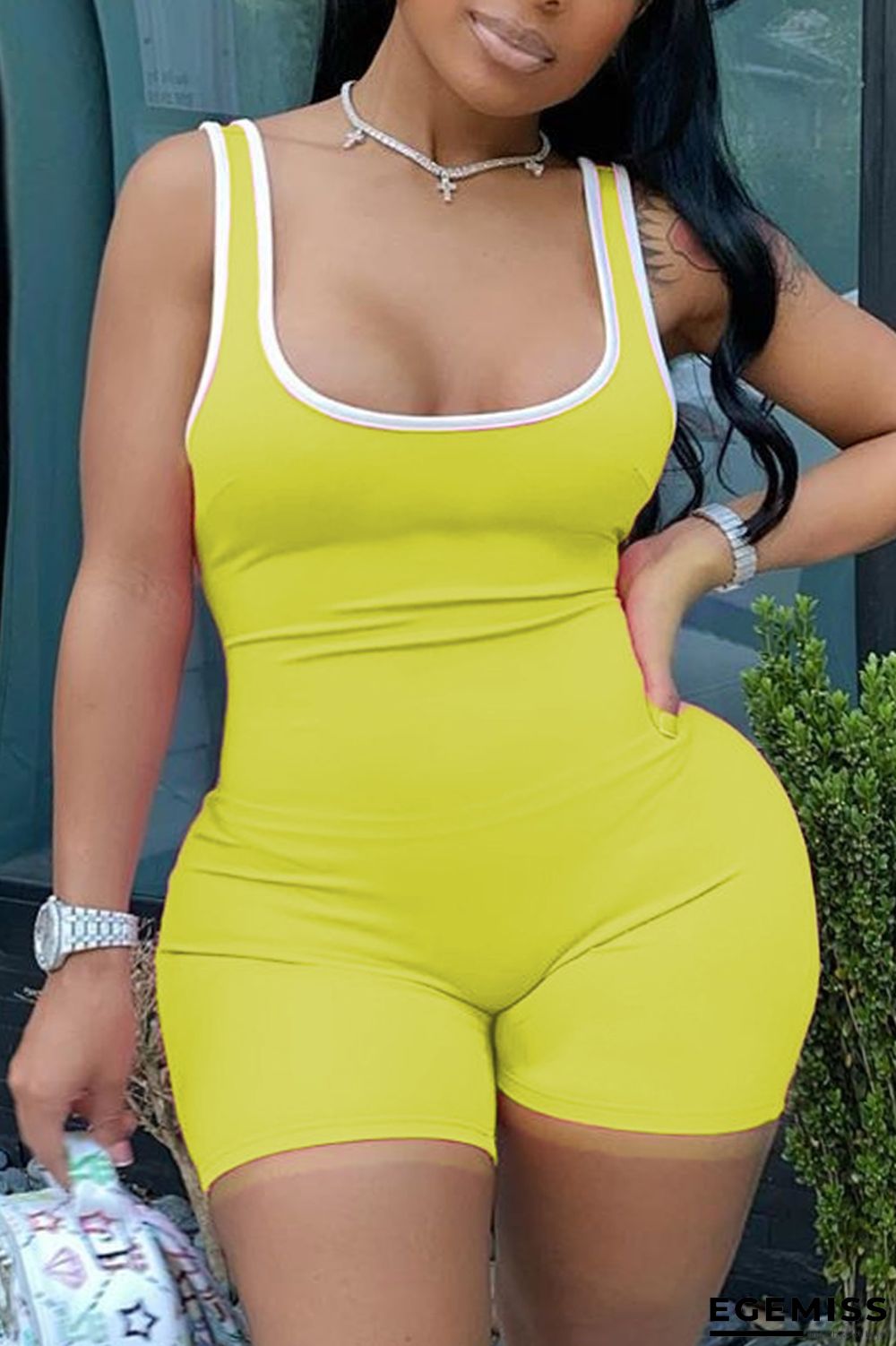 Yellow Fashion Casual adult Ma'am O Neck Patchwork Solid Stitching Plus Size | EGEMISS