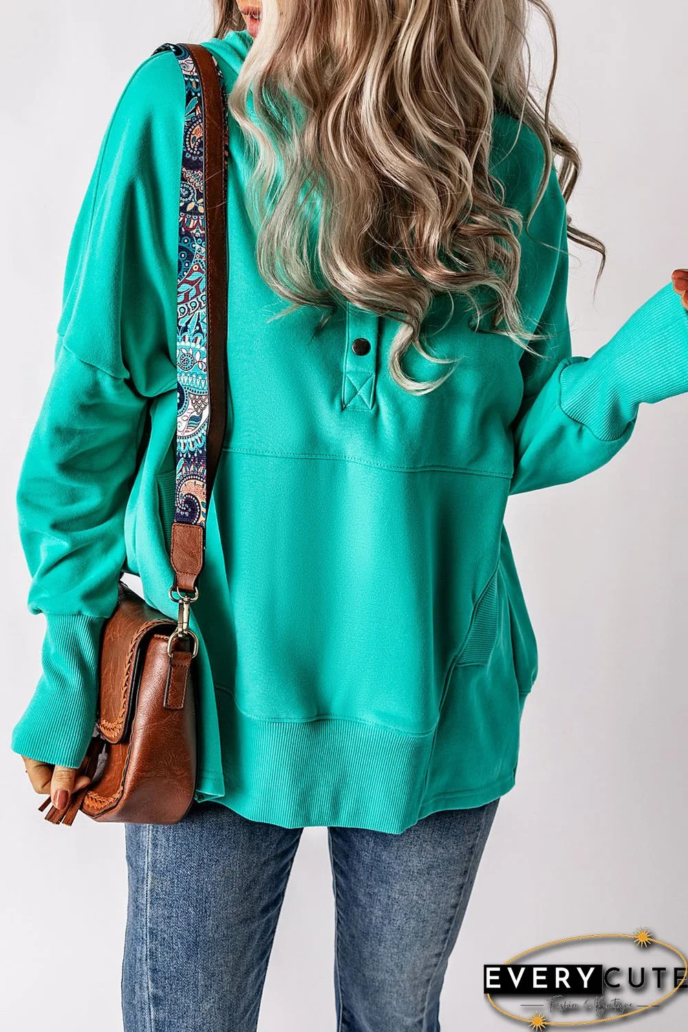 Turquoise Batwing Sleeve Pocketed Henley Hoodie