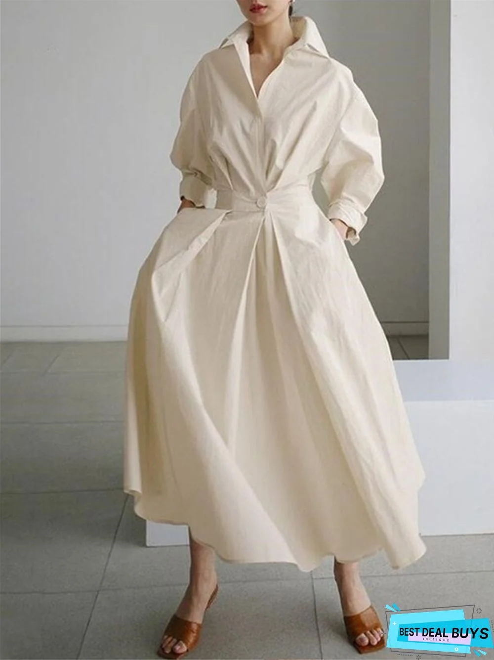 Solid Women's Vintage Lapel Shirt Long Sleeve Big Hem Cotton Linen Black Dresses