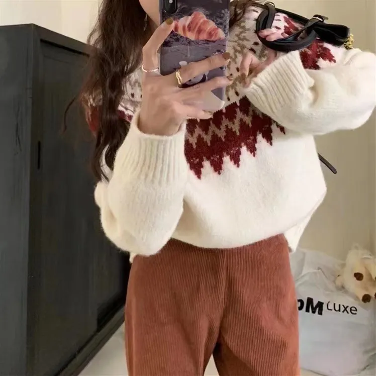 Churchf Churchf Photo 2024 Korea Retro Lazy Wind Jacquard Pop Loose Knit Round Collar Over Red Sweater