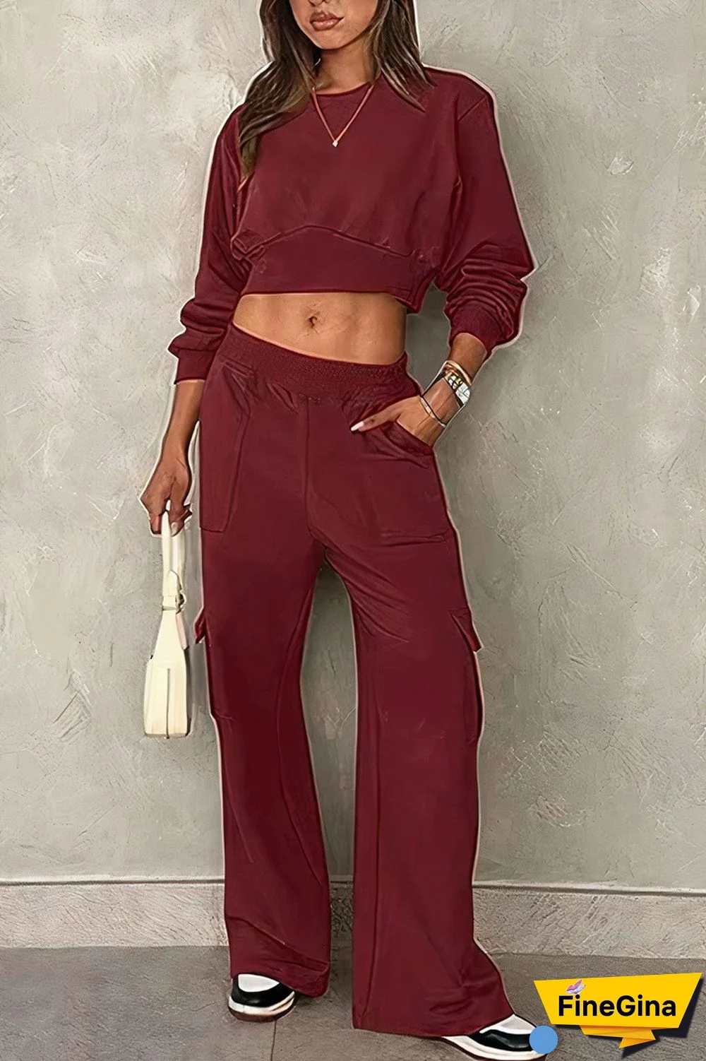 Solid Crop Top & Multi Pocket Cargo Pants Set