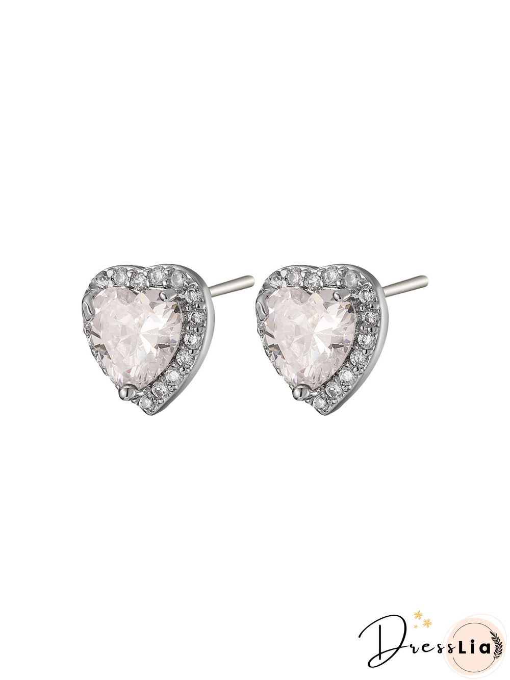 Full Diamond Pink Zircon Heart Stud Earrings Commuter Jewelry