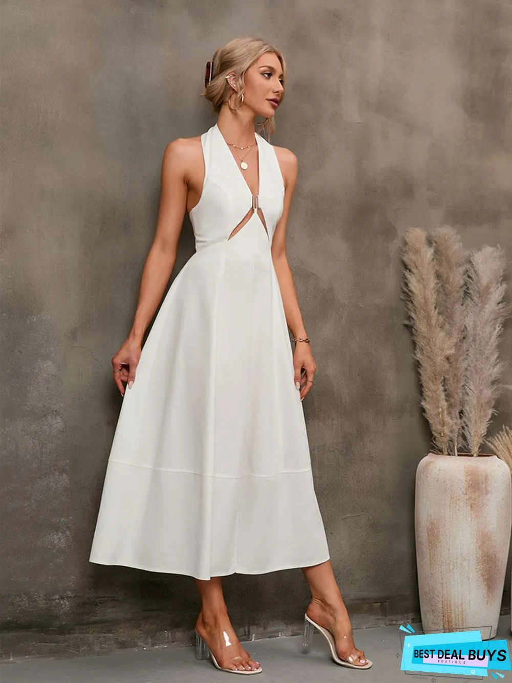 Solid Color Backless Sleeveless Wrap Long Dress