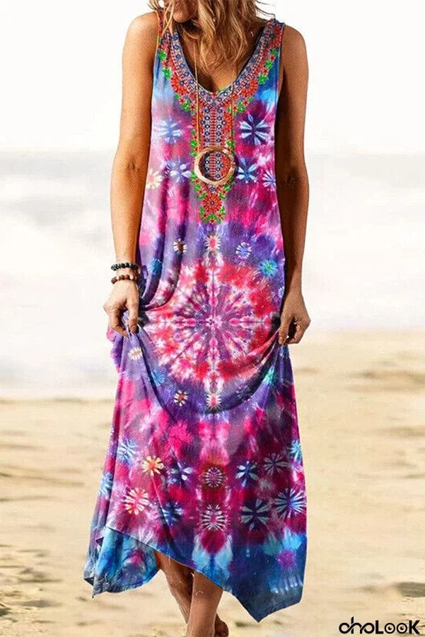 Play In Paradise Tie-dye Print Loose Tank Mid Dress