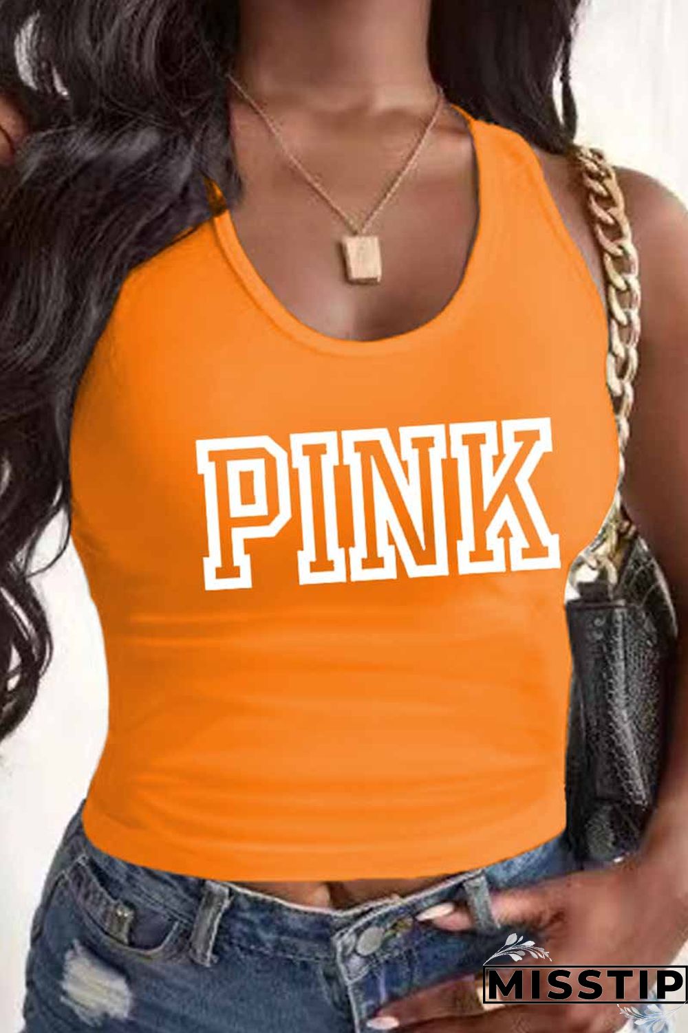 Orange Casual Print Letter U Neck Tops