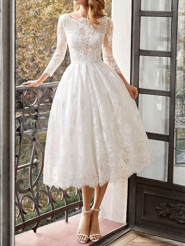 White Elegant Plain 3/4 Sleeve Backless Lace Wedding Puffy Dress