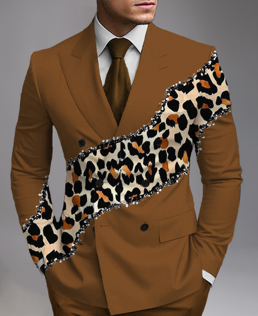 Business Peaked Lapel Sparkly Leopard Print Double Breasted Blazer