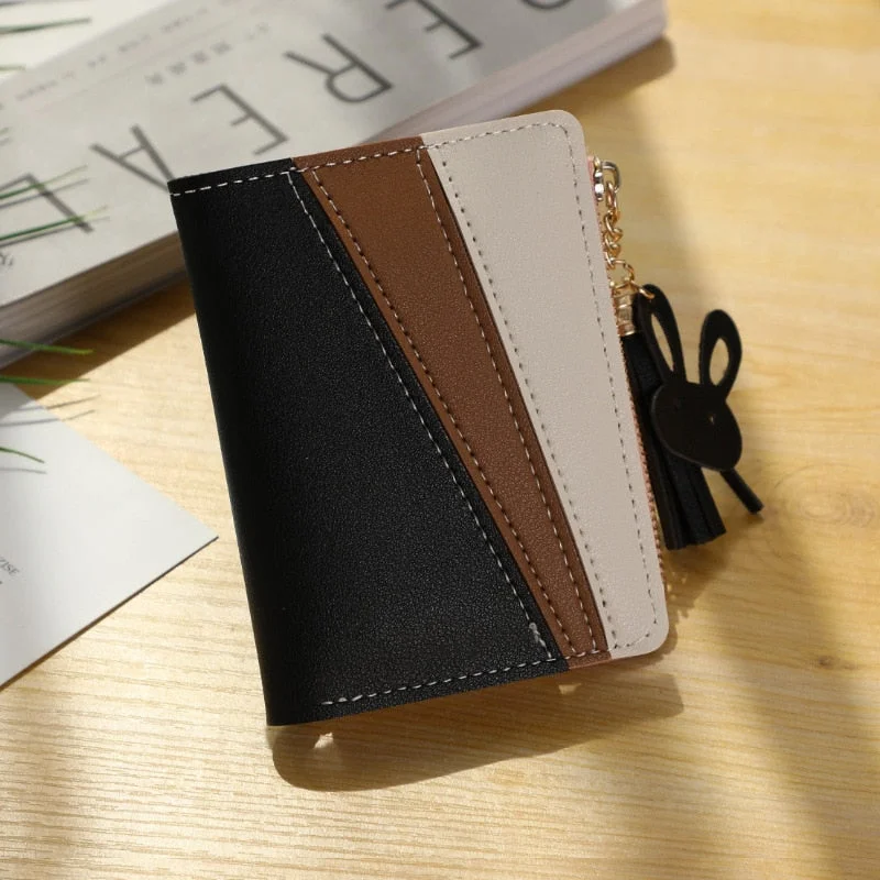 Women's wallet fashion Korean stitching matte short tassel clip wallets dollar zipper money cheap purse Female lovely color 2021