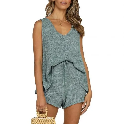Women Solid Color Sleeveless Vest Top Drawstring Shorts Loose Knitted Outfits Knitted Drawstring Comfortable to Wear women set