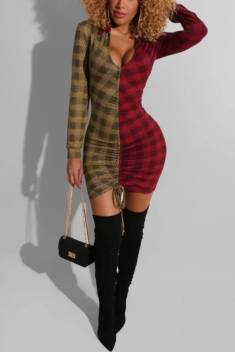 Fashion Printing Plaid Stitching Dress