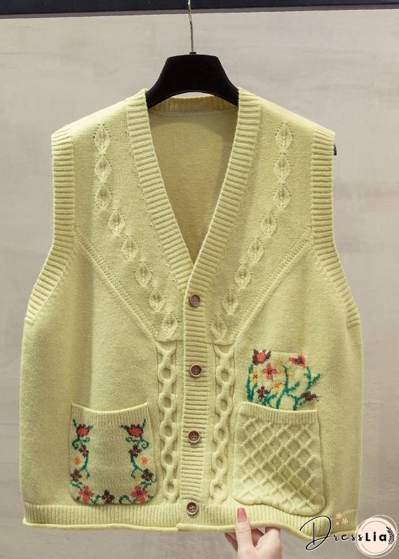 Natural Yellow V Neck Floral Cotton Knitted Waistcoat Fall