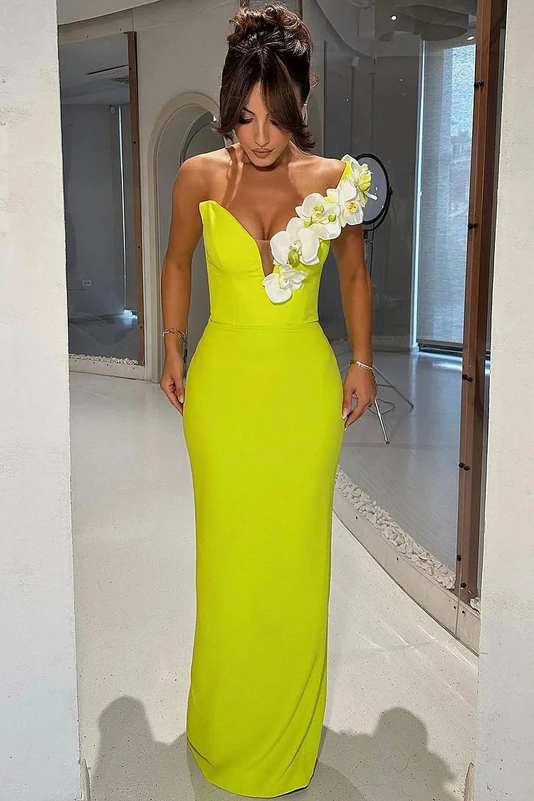 One Shoulder Deep V Neck 3D Floral Maxi Dress-Yellow Green