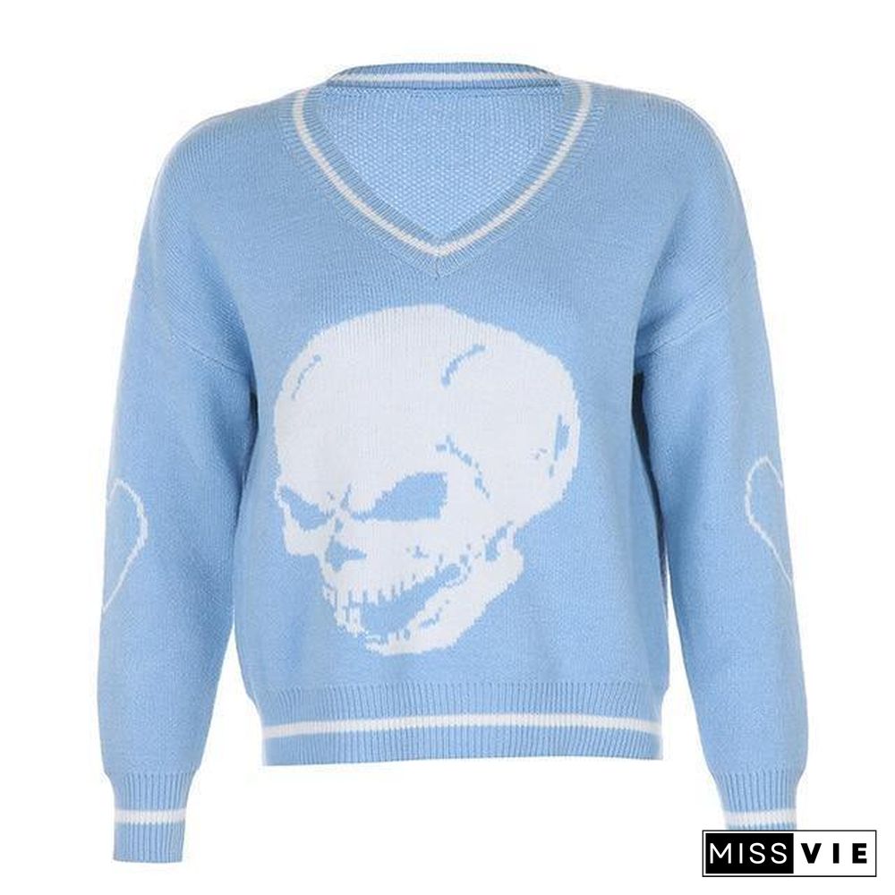 Rapcopter Y2K Sweaters Skulls Pullovers V Neck Knitwear Loose Casual Knitted Tops Women Streetwear Retro Tops Blue Autumn