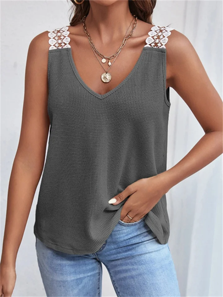 Female Summer New Waffle V-neck Sleeveless Lace Camouflage Undershirt T-shirt