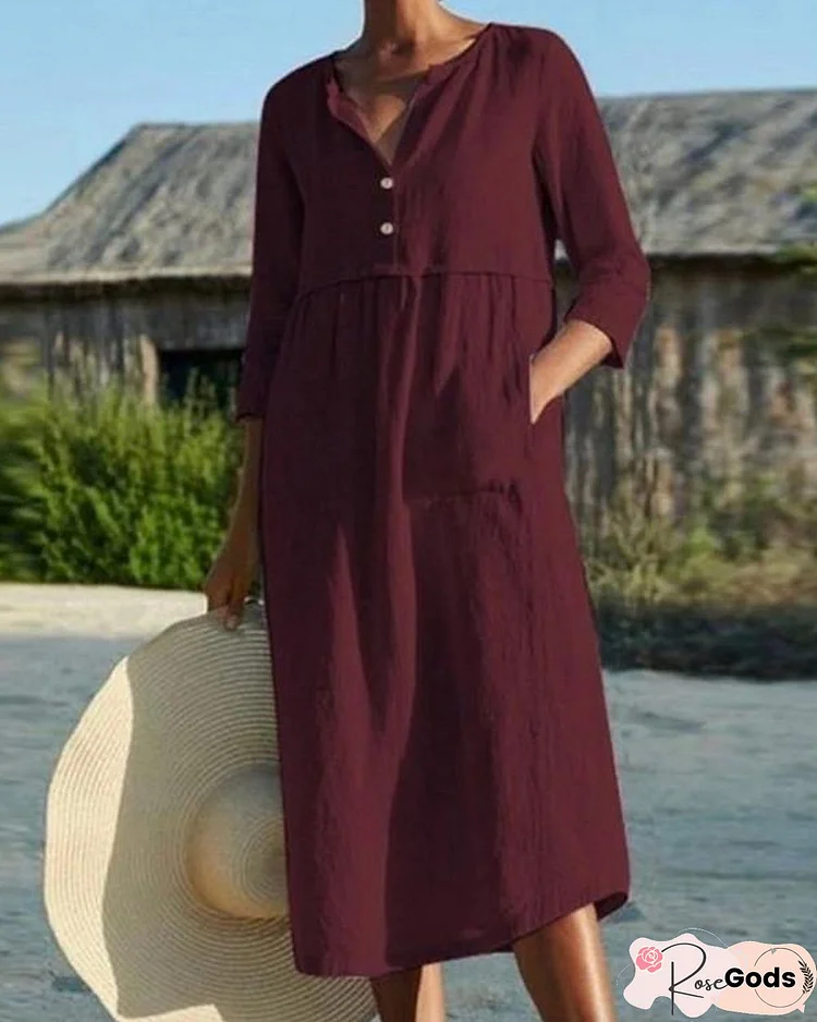 Cotton and Linen Pocket 3/4 Sleeve Dress