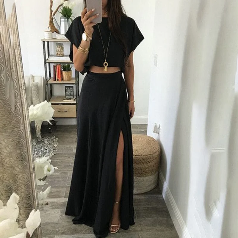 Women Set With Maxi Skirt Black Split Ladies Suit Crop Tshirt Short Sleeve And High Waist Skirts Summer Loose Casual Fashion New
