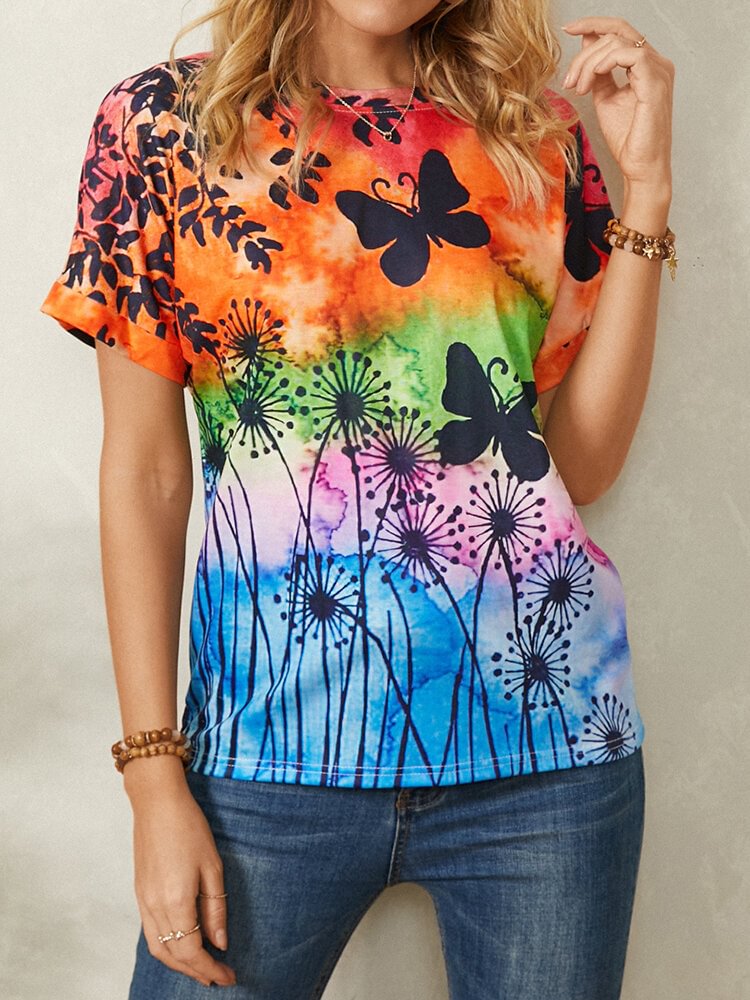 Butterfly Print O neck Short Sleeve Casual T Shirt For Women P1812900