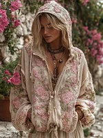 Bohemian Style Pink Rose Vintage Zip-up Cardigan Hoodie