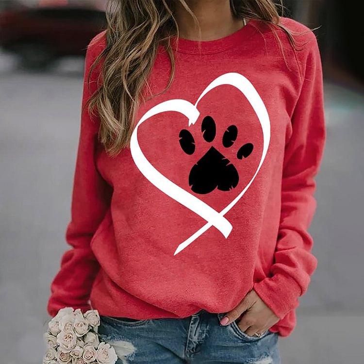 Comstylish Love Dog Paw Print Round Neck Long Sleeve Sweatshirt