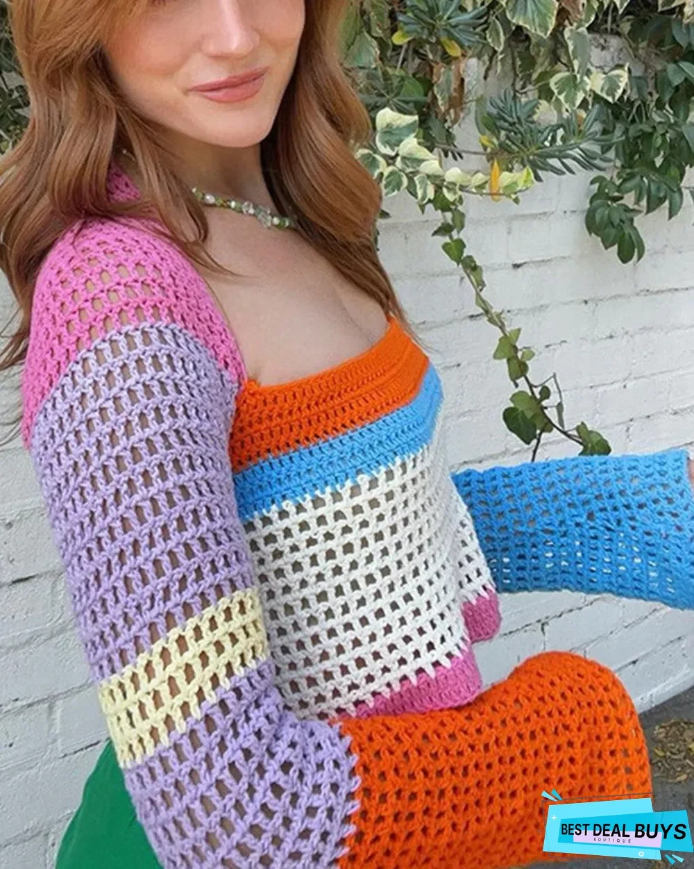 Color Block Square Neck Open Knit Crop Sweater