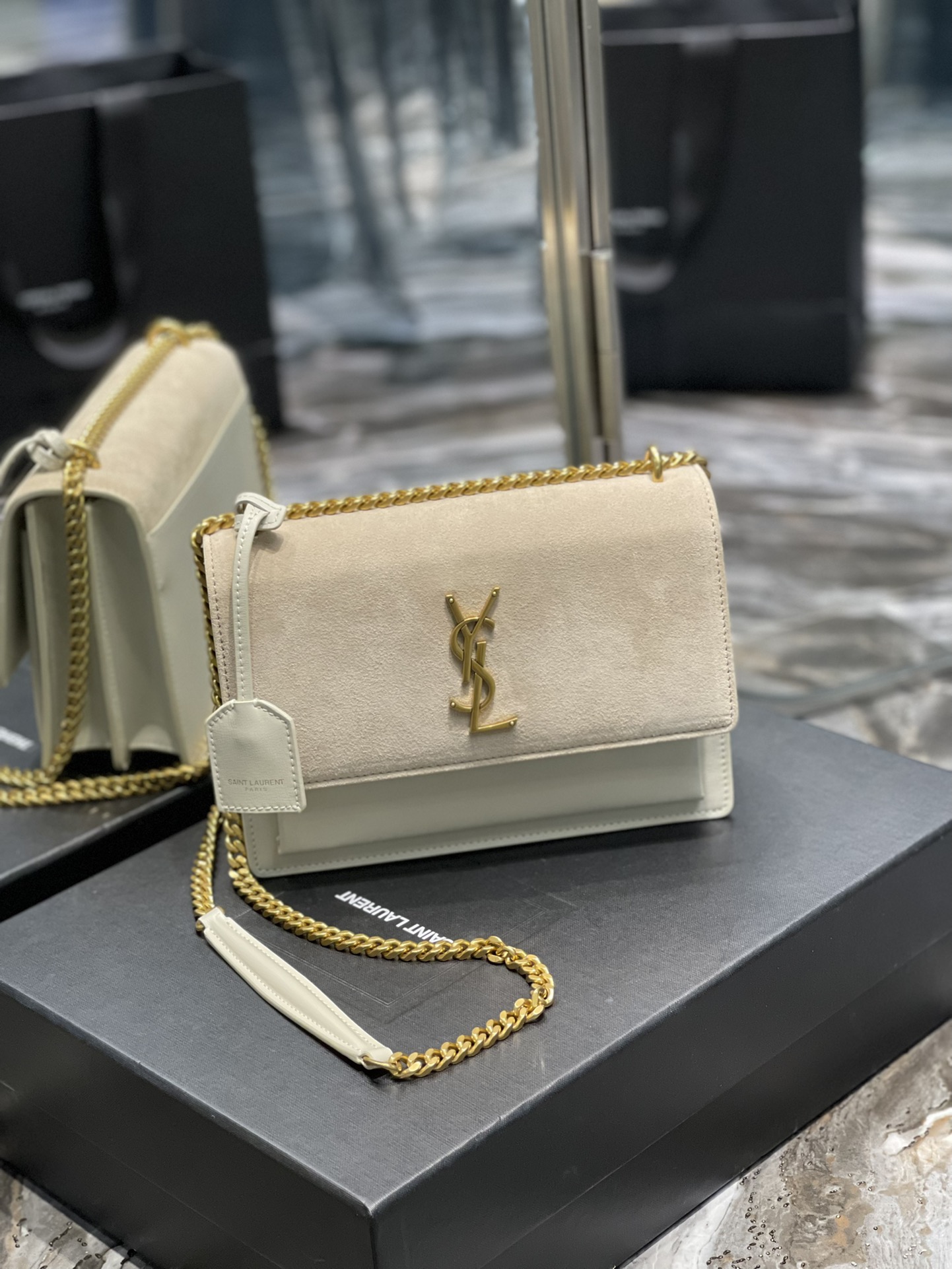 YSL Sunset Bag in White Nubuck Leather