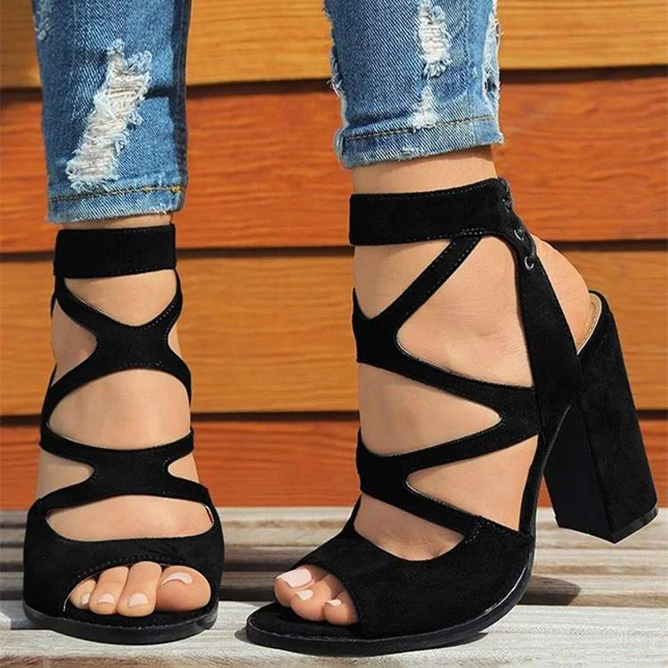 Black Vegan Suede Peep Toe Slingback Chunky Heel Sandals |FSJ Shoes