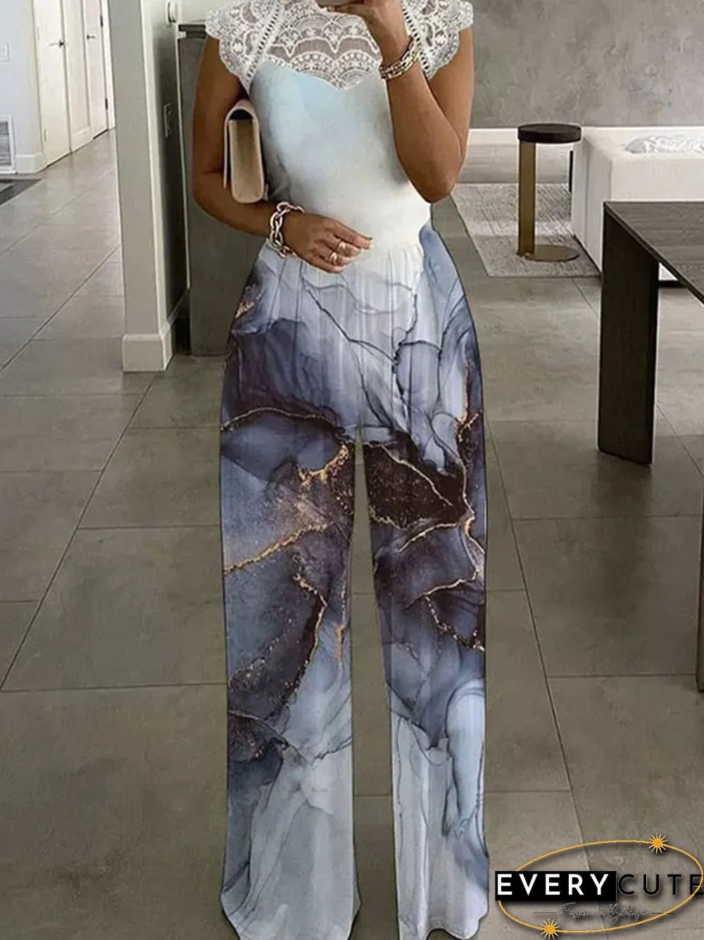 Womens Summer Fashion-Neck Flower Print Jumpsuit-Elegant Short Sleeve Lace Patchwork