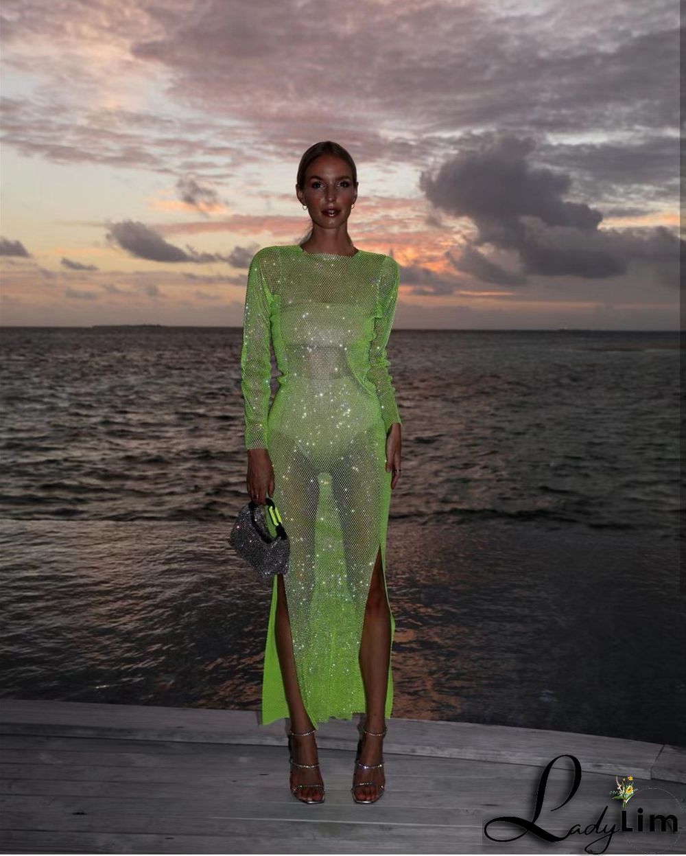 Women's Side Slit Party Night Round Neck Long Sleeve Sparkly Beaded Maxi Dress