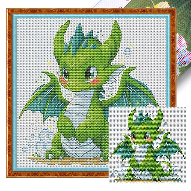 【Fairy Brand】Cute Little Green Dragon (25*25cm) 16CT Stamped Cross Stitch(29 colors) gbfke