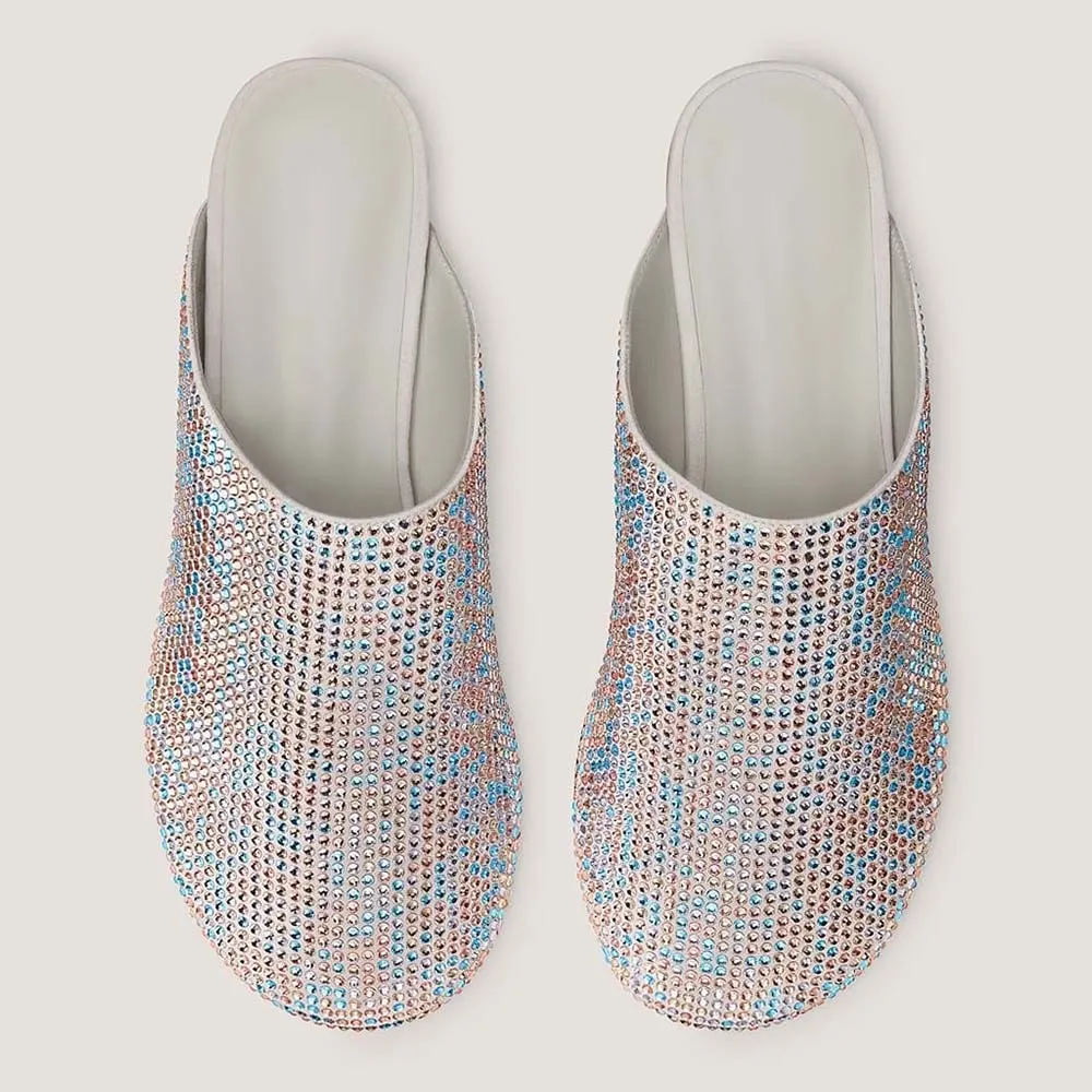 Vegan Suede Colorful Rhinestone Round Toe Slip On Flat Mules