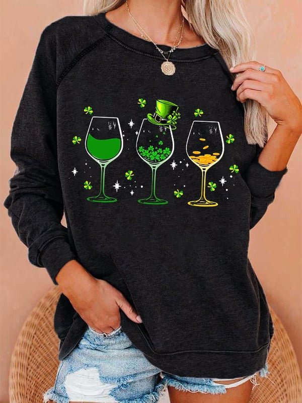 Women's St. Patrick's Day Shiny Wine Glass Casual Sweatshirt