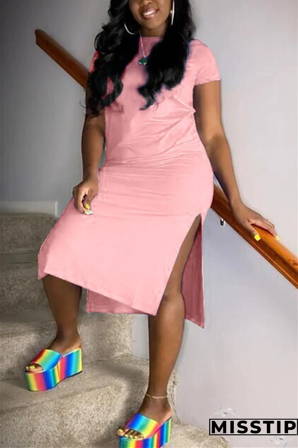 Hide Blue Sexy Short Sleeves O neck Swagger Knee-Length Solid split Dresses