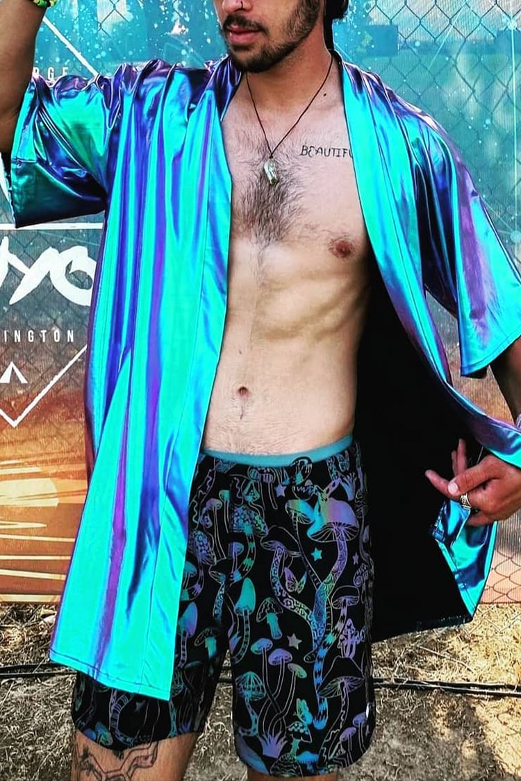 Men's Iridescent Blue Foil Half Sleeves Rave Robe Kimono [Pre-Order]